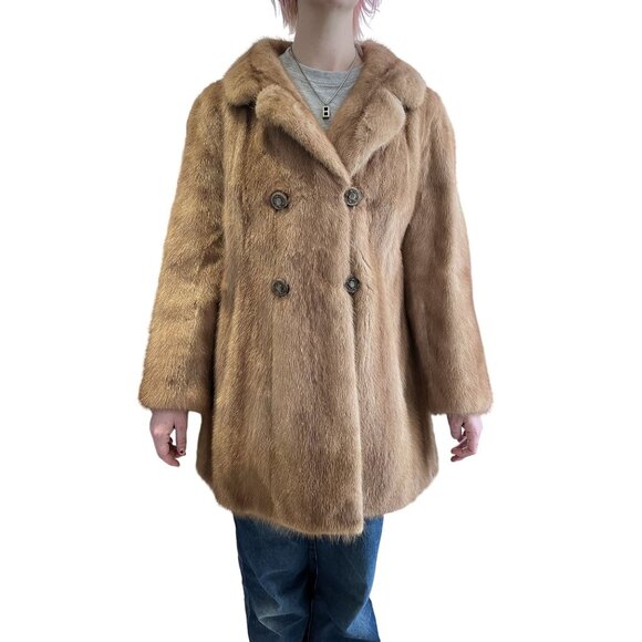 Vintage 60s Mink Fur Coat Tan Double-Breasted Design Long Sleeves Satin Lining - Picture 1 of 11